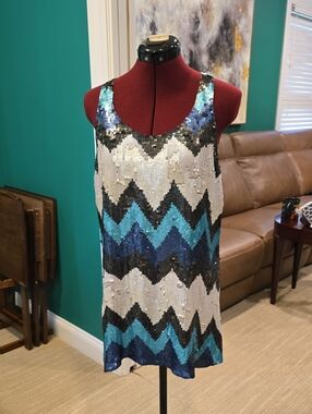 Parker Sequin Tank in Black, Navy, Teal & Silver, Size M